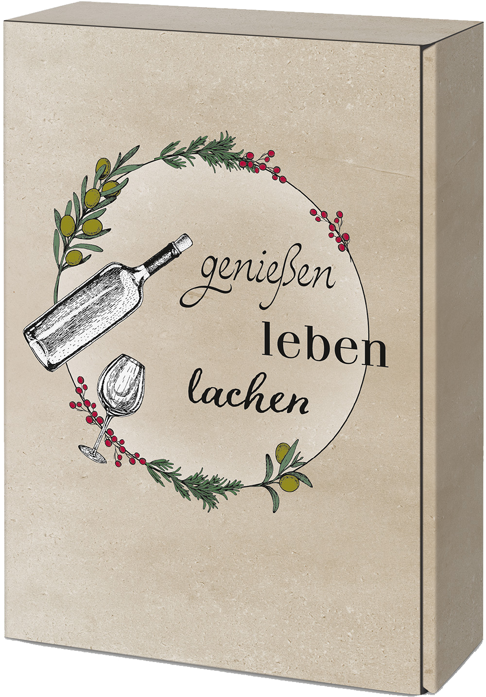 Foto: Abbildung zeigt das Produkt Geschenkkarton "Genießen, Leben, Lachen"