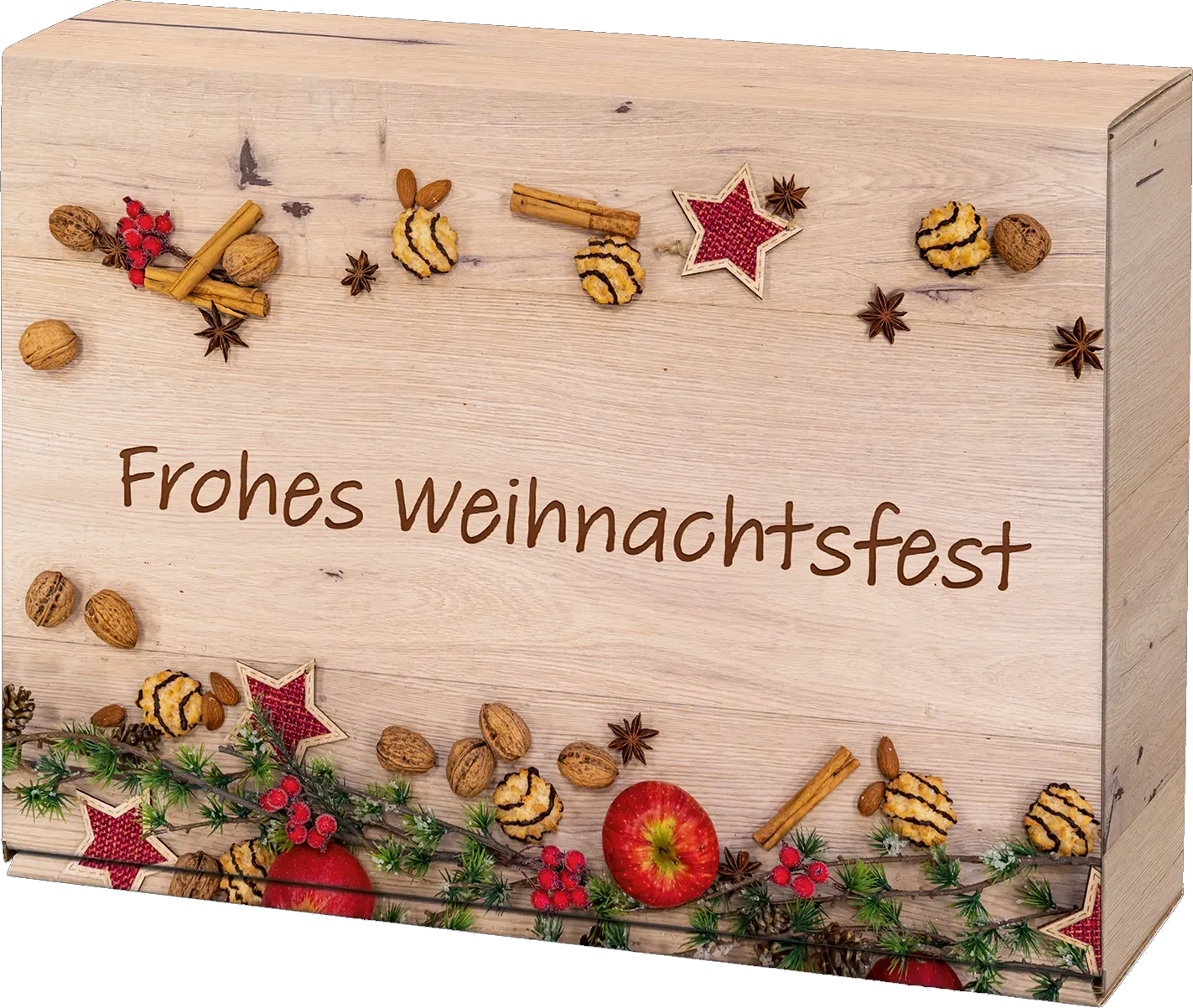 Bild:  Abbildung zeigt das Produkt Weihnachtlicher Geschenkkarton "Frohes Weihnachtsfest" für 3 Flaschen